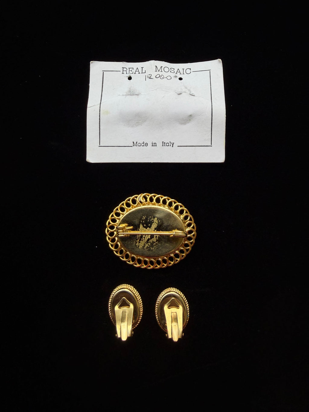 Italian Micro-mosaic Clip Earring +Brooch Set (Original Sales Card)