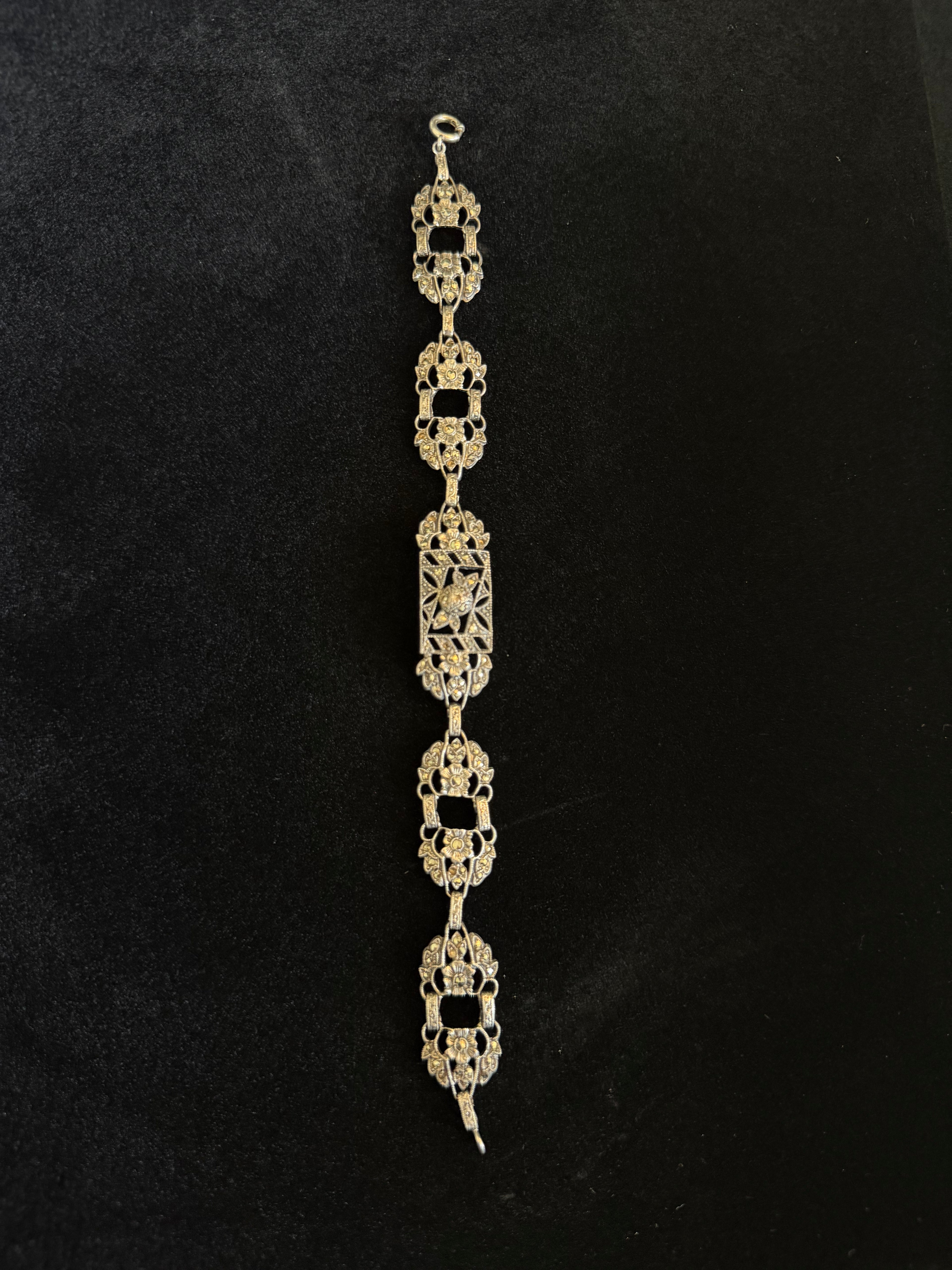 Art Nouveau Sterling Silver + Marcasite Filigree Bracelet
