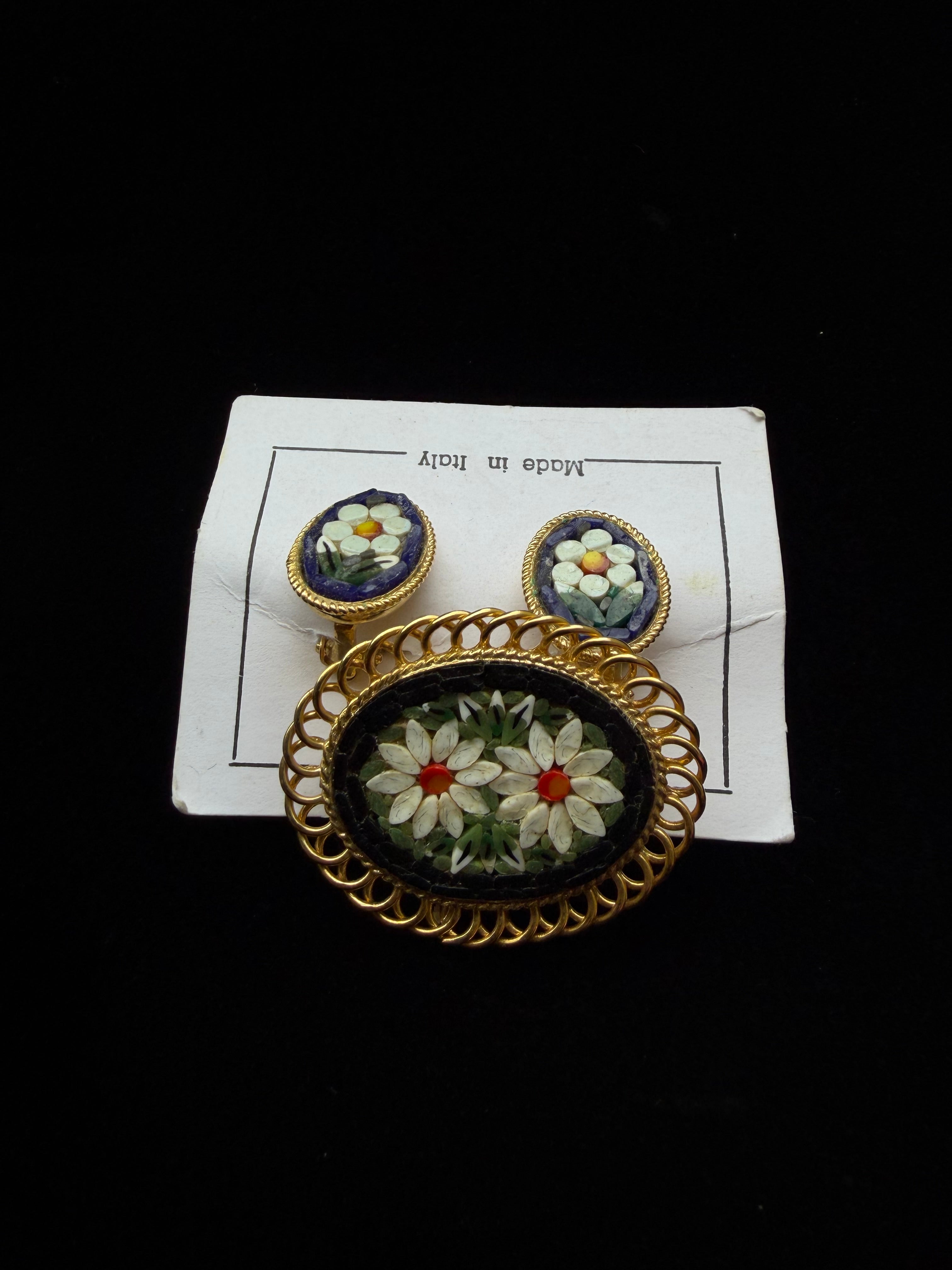 Italian Micro-mosaic Clip Earring +Brooch Set (Original Sales Card)