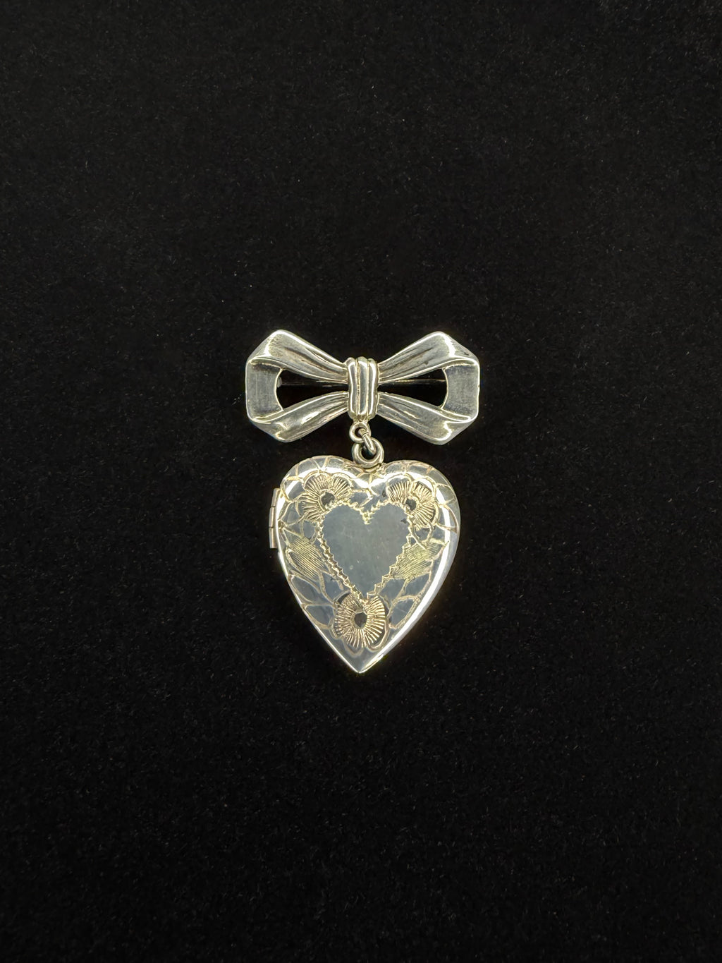 Sterling Silver Heart Bow Locket Brooch