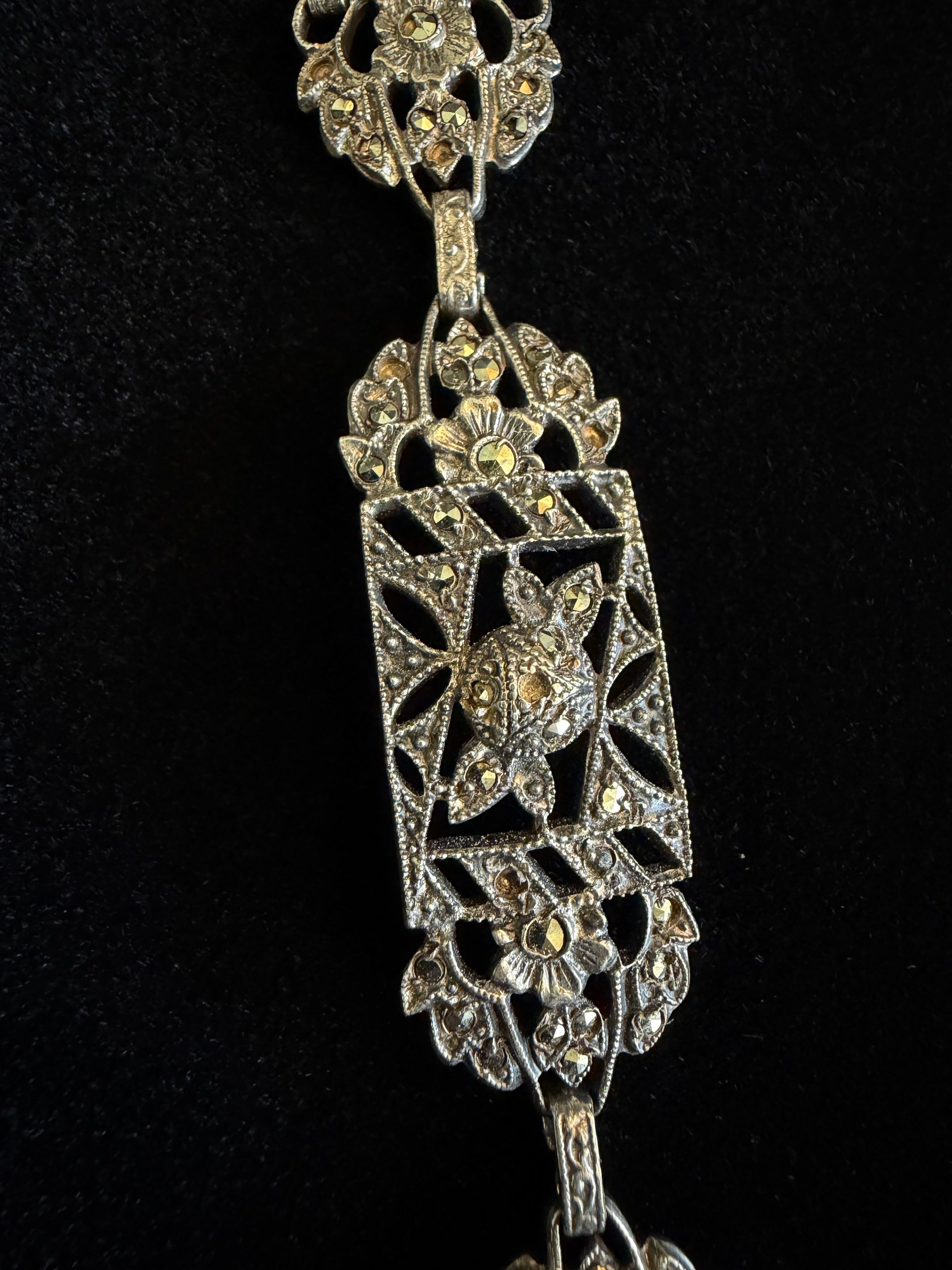 Art Nouveau Sterling Silver + Marcasite Filigree Bracelet