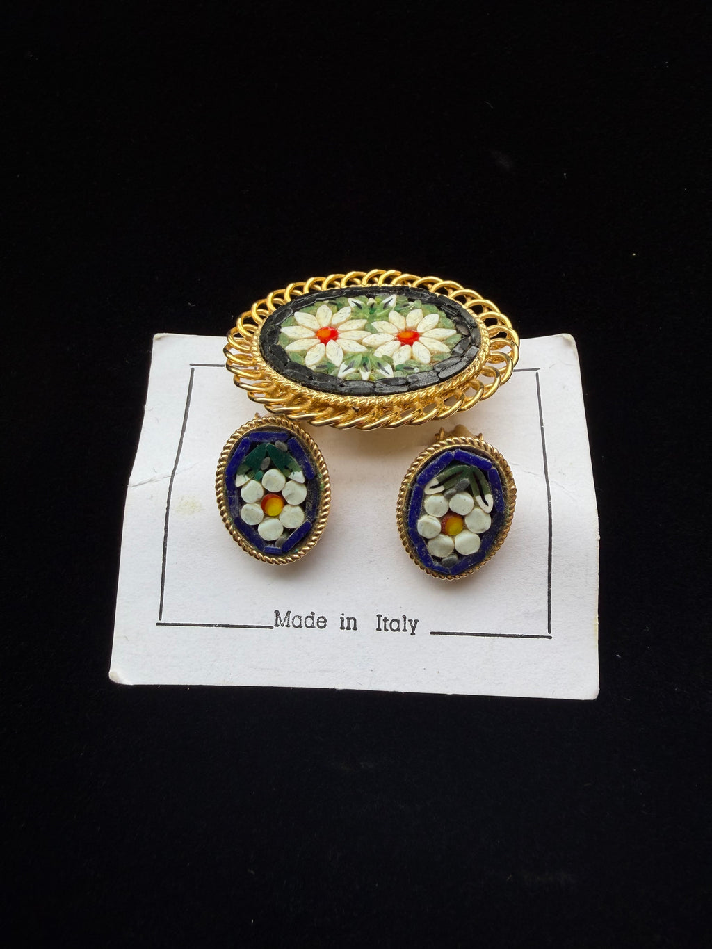 Italian Micro-mosaic Clip Earring +Brooch Set (Original Sales Card)