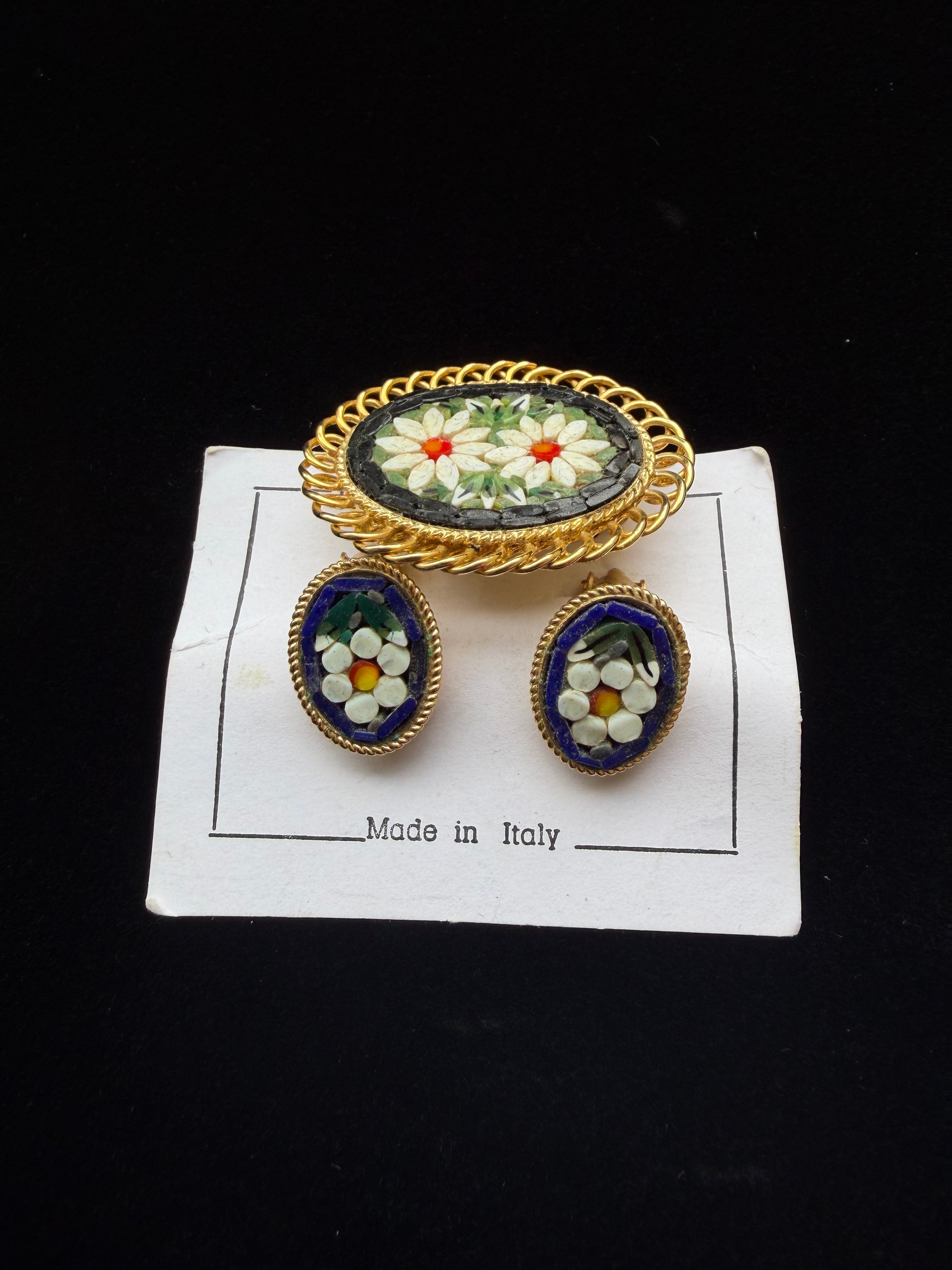 Italian Micro-mosaic Clip Earring +Brooch Set (Original Sales Card)
